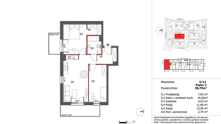Rzut - Mieszkanie na sprzedaż 3 pokoje o powierzchni 58,79 m² - numer 4/12 w Słoneczny Zakątek