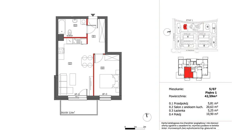 Rzut - Mieszkanie na sprzedaż 2 pokoje o powierzchni 42,59 m² - numer 5/7 w Słoneczny Zakątek