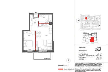 Rzut - Mieszkanie na sprzedaż 2 pokoje o powierzchni 42,59 m² - numer 5/10 w Słoneczny Zakątek