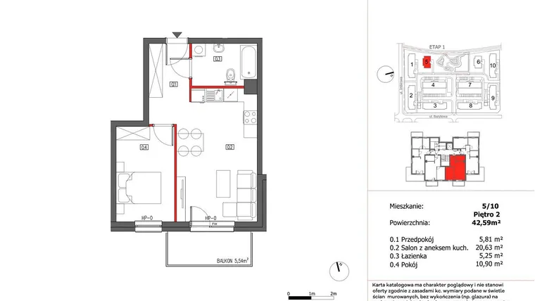Rzut - Mieszkanie na sprzedaż 2 pokoje o powierzchni 42,59 m² - numer 5/10 w Słoneczny Zakątek