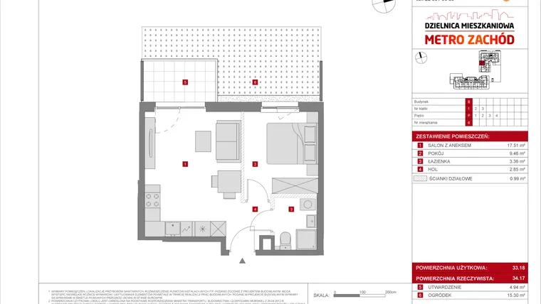 Rzut - Mieszkanie na sprzedaż 2 pokoje o powierzchni 33,18 m² - numer B.6 w Dzielnica Mieszkaniowa Metro Zachód - etap 8.2