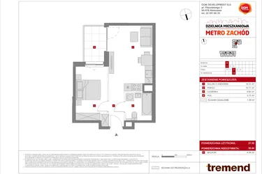 Rzut - Mieszkanie na sprzedaż 2 pokoje o powierzchni 37,35 m² - numer B.18 w Dzielnica Mieszkaniowa Metro Zachód - etap 8.2