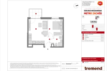 Rzut - Mieszkanie na sprzedaż 2 pokoje o powierzchni 33,18 m² - numer B.29 w Dzielnica Mieszkaniowa Metro Zachód - etap 8.2