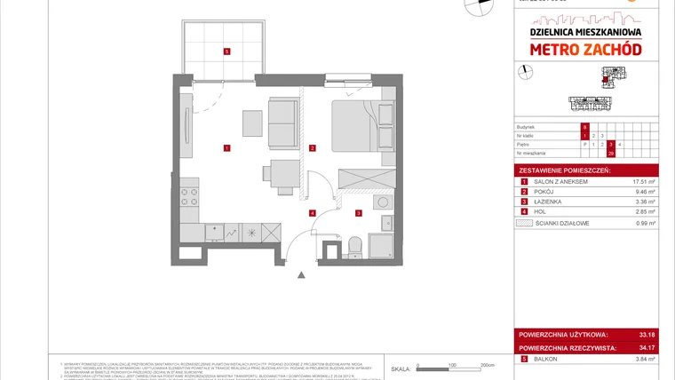 Rzut - Mieszkanie na sprzedaż 2 pokoje o powierzchni 33,18 m² - numer B.29 w Dzielnica Mieszkaniowa Metro Zachód - etap 8.2