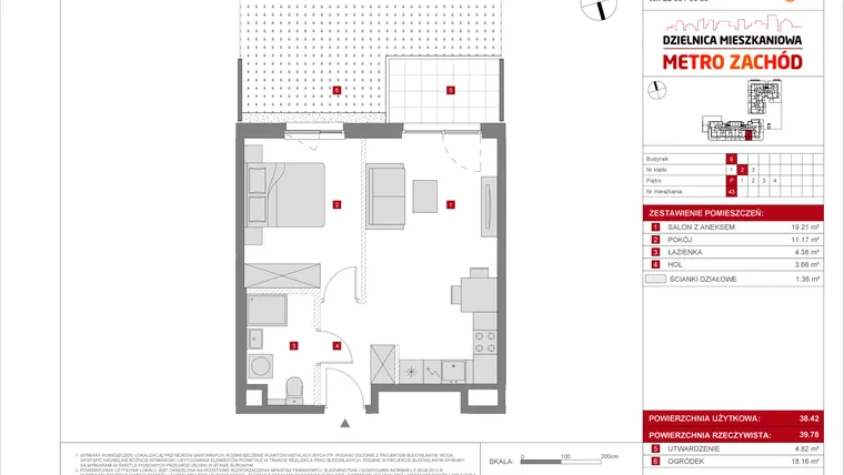 Rzut - Mieszkanie na sprzedaż 2 pokoje o powierzchni 38,42 m² - numer B.43 w Dzielnica Mieszkaniowa Metro Zachód - etap 8.2