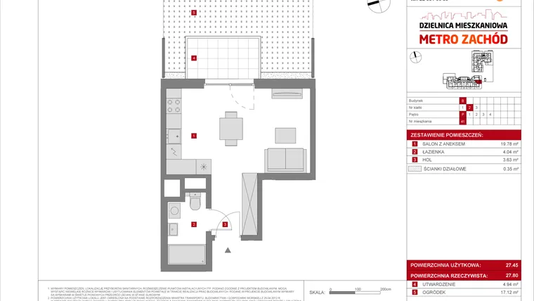 Rzut - Mieszkanie na sprzedaż 1 pokój o powierzchni 27,45 m² - numer B.41 w Dzielnica Mieszkaniowa Metro Zachód - etap 8.2