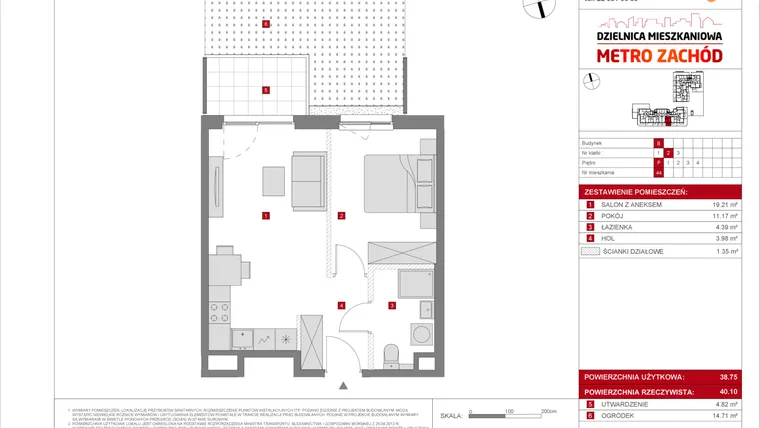Rzut - Mieszkanie na sprzedaż 2 pokoje o powierzchni 38,75 m² - numer B.44 w Dzielnica Mieszkaniowa Metro Zachód - etap 8.2