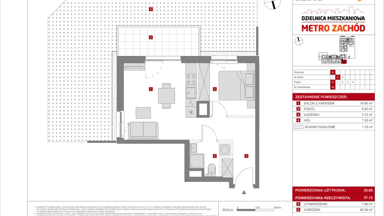 Rzut - Mieszkanie na sprzedaż 2 pokoje o powierzchni 35,89 m² - numer B.42 w Dzielnica Mieszkaniowa Metro Zachód - etap 8.2