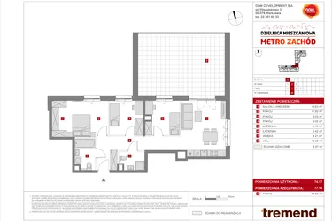 Rzut - Mieszkanie na sprzedaż 4 pokoje o powierzchni 74,17 m² - numer B.46 w Dzielnica Mieszkaniowa Metro Zachód - etap 8.2