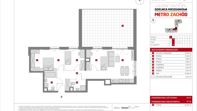 Rzut - Mieszkanie na sprzedaż 4 pokoje o powierzchni 74,17 m² - numer B.46 w Dzielnica Mieszkaniowa Metro Zachód - etap 8.2