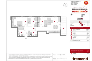Rzut - Mieszkanie na sprzedaż 4 pokoje o powierzchni 74,14 m² - numer B.52 w Dzielnica Mieszkaniowa Metro Zachód - etap 8.2
