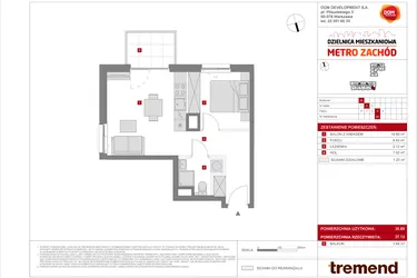 Rzut - Mieszkanie na sprzedaż 2 pokoje o powierzchni 35,89 m² - numer B.60 w Dzielnica Mieszkaniowa Metro Zachód - etap 8.2