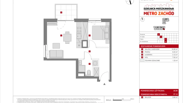 Rzut - Mieszkanie na sprzedaż 2 pokoje o powierzchni 35,89 m² - numer B.60 w Dzielnica Mieszkaniowa Metro Zachód - etap 8.2