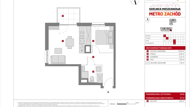 Rzut - Mieszkanie na sprzedaż 2 pokoje o powierzchni 35,92 m² - numer B.66 w Dzielnica Mieszkaniowa Metro Zachód - etap 8.2