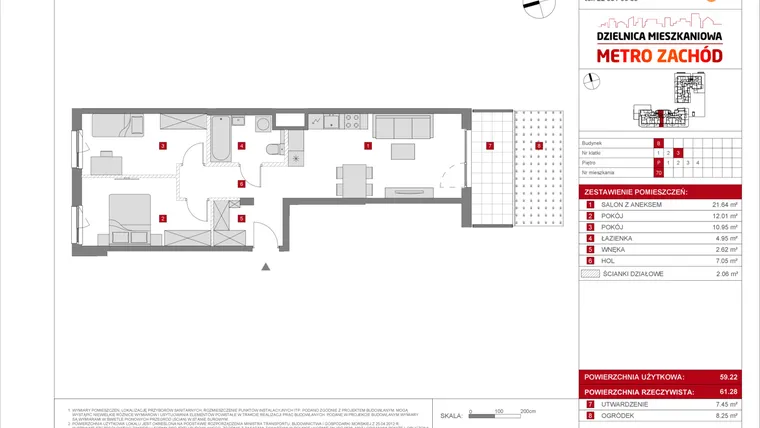 Rzut - Mieszkanie na sprzedaż 3 pokoje o powierzchni 59,22 m² - numer B.70 w Dzielnica Mieszkaniowa Metro Zachód - etap 8.2