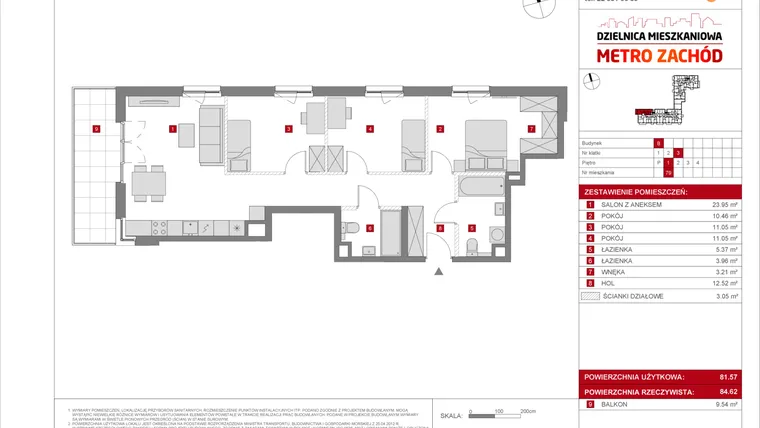 Rzut - Mieszkanie na sprzedaż 4 pokoje o powierzchni 81,57 m² - numer B.79 w Dzielnica Mieszkaniowa Metro Zachód - etap 8.2