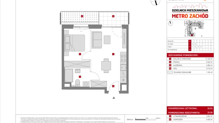 Rzut - Mieszkanie na sprzedaż 2 pokoje o powierzchni 32,53 m² - numer D.2 w Dzielnica Mieszkaniowa Metro Zachód - etap 8.2