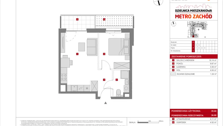 Rzut - Mieszkanie na sprzedaż 2 pokoje o powierzchni 35,44 m² - numer D.3 w Dzielnica Mieszkaniowa Metro Zachód - etap 8.2