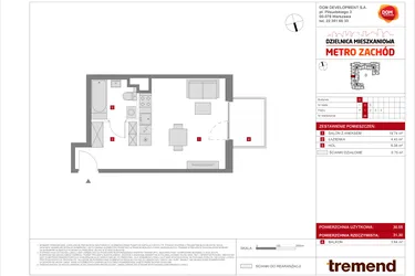 Rzut - Mieszkanie na sprzedaż 1 pokój o powierzchni 30,55 m² - numer D.46 w Dzielnica Mieszkaniowa Metro Zachód - etap 8.2