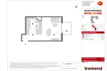 Rzut - Mieszkanie na sprzedaż 1 pokój o powierzchni 30,55 m² - numer D.55 w Dzielnica Mieszkaniowa Metro Zachód - etap 8.2