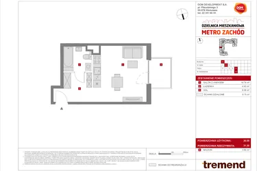 Rzut - Mieszkanie na sprzedaż 1 pokój o powierzchni 30,55 m² - numer D.73 w Dzielnica Mieszkaniowa Metro Zachód - etap 8.2