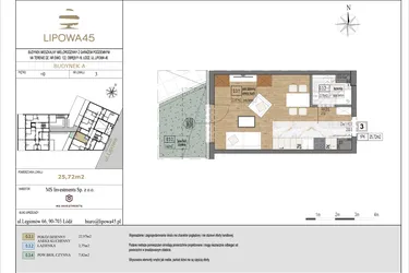 Rzut - Mieszkanie na sprzedaż 1 pokój o powierzchni 25,72 m² - numer A3 w Lipowa 45