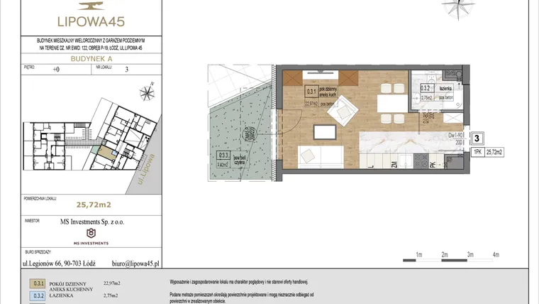 Rzut - Mieszkanie na sprzedaż 1 pokój o powierzchni 25,72 m² - numer A3 w Lipowa 45
