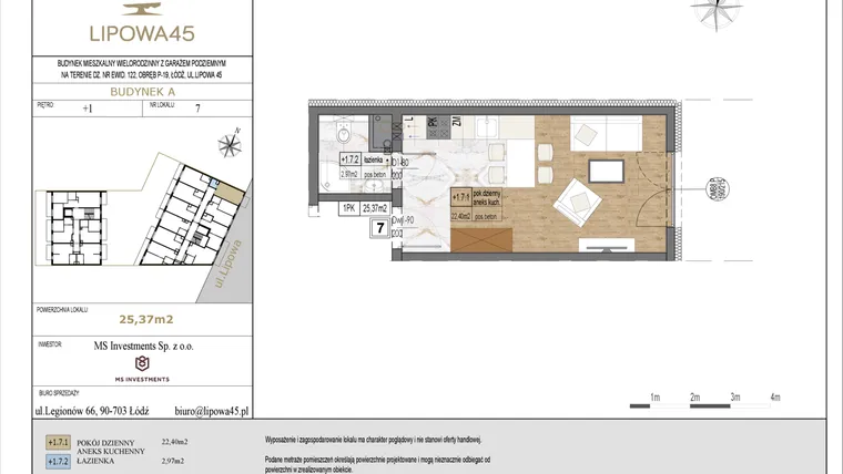 Rzut - Mieszkanie na sprzedaż 1 pokój o powierzchni 25,37 m² - numer A7 w Lipowa 45