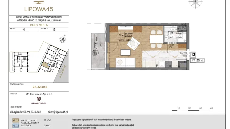 Rzut - Mieszkanie na sprzedaż 1 pokój o powierzchni 25,61 m² - numer A12 w Lipowa 45