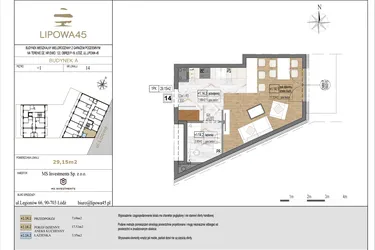 Rzut - Mieszkanie na sprzedaż 1 pokój o powierzchni 29,15 m² - numer A14 w Lipowa 45