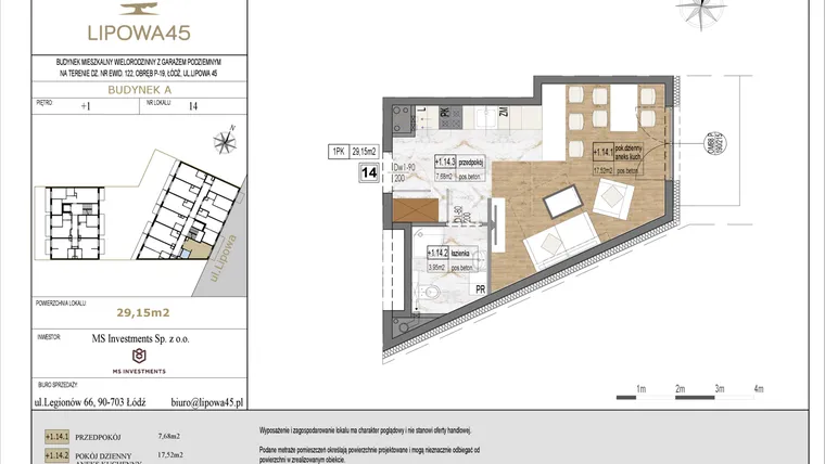 Rzut - Mieszkanie na sprzedaż 1 pokój o powierzchni 29,15 m² - numer A14 w Lipowa 45