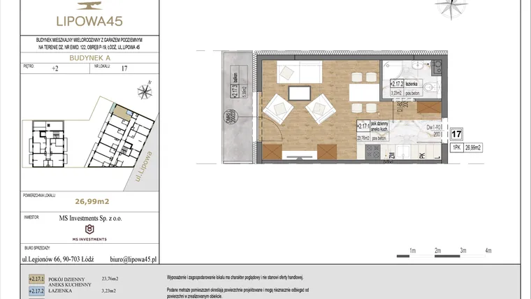 Rzut - Mieszkanie na sprzedaż 1 pokój o powierzchni 26,99 m² - numer A17 w Lipowa 45