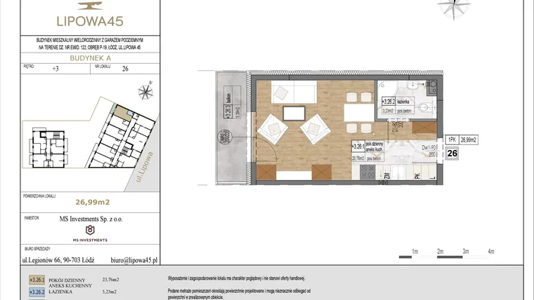 Rzut - Mieszkanie na sprzedaż 1 pokój o powierzchni 26,99 m² - numer A26 w Lipowa 45
