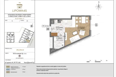 Rzut - Mieszkanie na sprzedaż 1 pokój o powierzchni 29,15 m² - numer A23 w Lipowa 45
