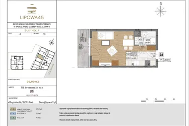 Rzut - Mieszkanie na sprzedaż 1 pokój o powierzchni 26,09 m² - numer A28 w Lipowa 45