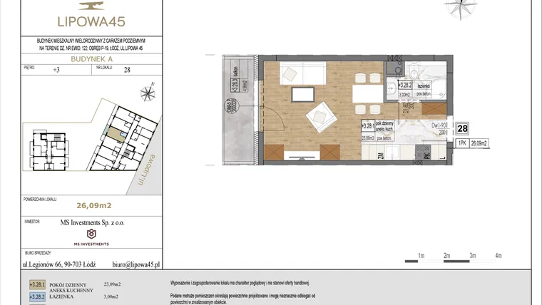 Rzut - Mieszkanie na sprzedaż 1 pokój o powierzchni 26,09 m² - numer A28 w Lipowa 45