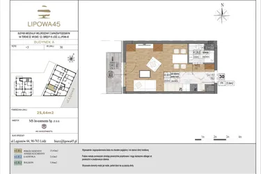 Rzut - Mieszkanie na sprzedaż 1 pokój o powierzchni 25,64 m² - numer A30 w Lipowa 45