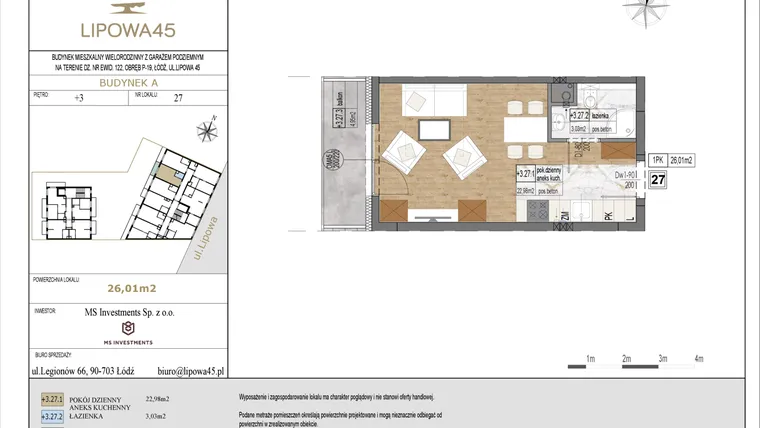 Rzut - Mieszkanie na sprzedaż 1 pokój o powierzchni 26,01 m² - numer A27 w Lipowa 45