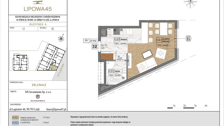 Rzut - Mieszkanie na sprzedaż 1 pokój o powierzchni 29,15 m² - numer A32 w Lipowa 45