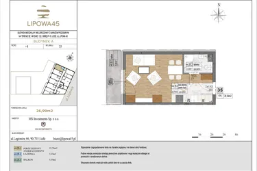 Rzut - Mieszkanie na sprzedaż 1 pokój o powierzchni 26,99 m² - numer A35 w Lipowa 45