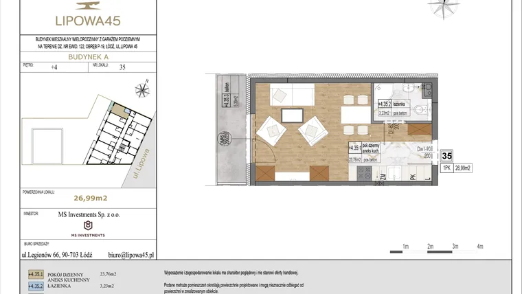 Rzut - Mieszkanie na sprzedaż 1 pokój o powierzchni 26,99 m² - numer A35 w Lipowa 45