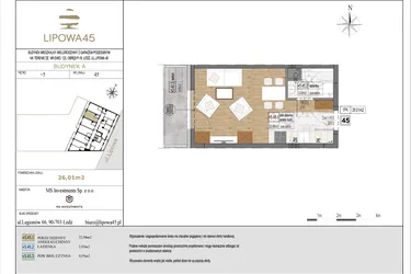 Rzut - Mieszkanie na sprzedaż 1 pokój o powierzchni 26,01 m² - numer A45 w Lipowa 45
