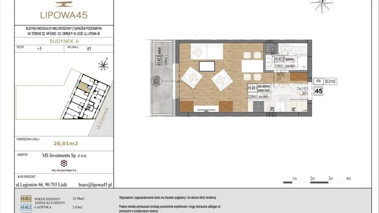 Rzut - Mieszkanie na sprzedaż 1 pokój o powierzchni 26,01 m² - numer A45 w Lipowa 45
