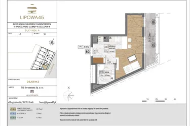 Rzut - Mieszkanie na sprzedaż 1 pokój o powierzchni 26,66 m² - numer A50 w Lipowa 45