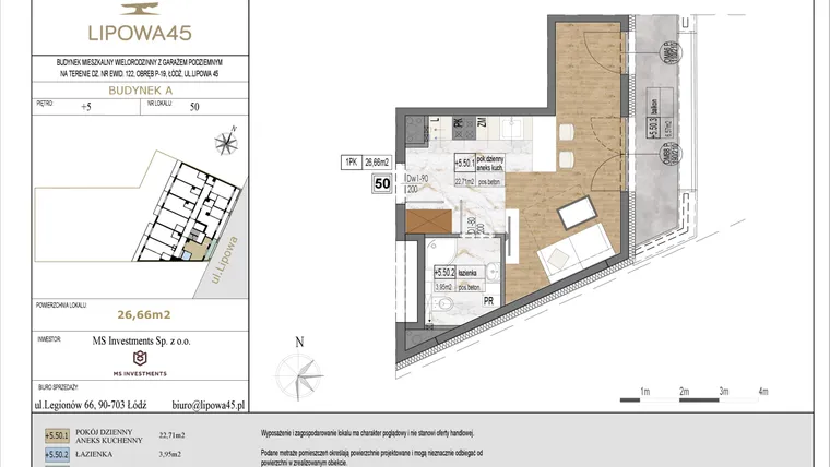 Rzut - Mieszkanie na sprzedaż 1 pokój o powierzchni 26,66 m² - numer A50 w Lipowa 45
