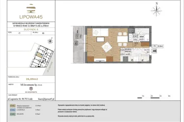 Rzut - Mieszkanie na sprzedaż 1 pokój o powierzchni 26,09 m² - numer A46 w Lipowa 45