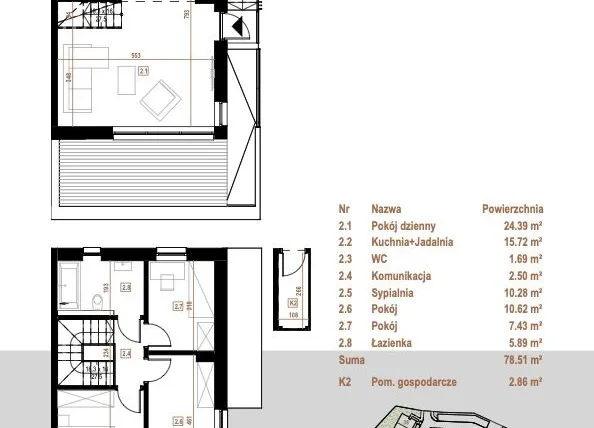 Rzut - Mieszkanie na sprzedaż 5 pokoi o powierzchni 78,51 m² - numer 1.2 w Osiedle Dębowe