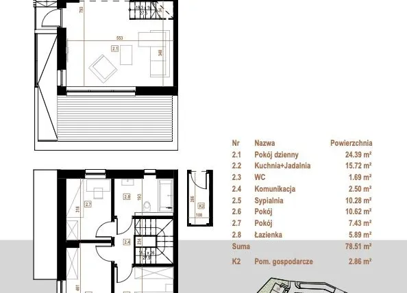 Rzut - Mieszkanie na sprzedaż 5 pokoi o powierzchni 78,51 m² - numer 4.2 w Osiedle Dębowe