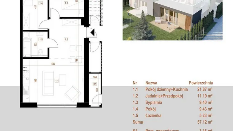 Rzut - Mieszkanie na sprzedaż 4 pokoje o powierzchni 57,12 m² - numer 7.1 w Osiedle Dębowe