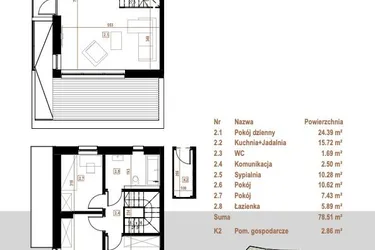 Rzut - Mieszkanie na sprzedaż 5 pokoi o powierzchni 78,51 m² - numer 2.2 w Osiedle Dębowe